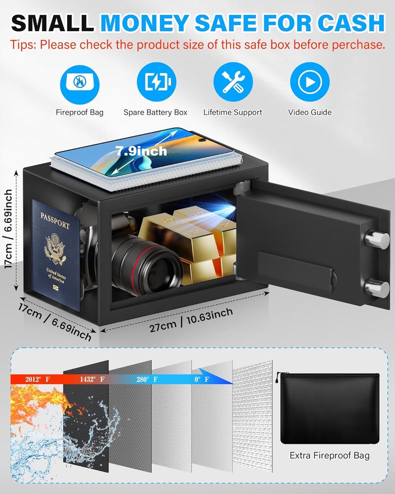 FOWORE [UPGRADED] Small Safe Box for Home, 0.30 Cuft Mini Safes with Fireproof Waterproof Bag, Digital Money Safe with Programmable Keypad Spare Keys, Security Cash Box for Money Valuables - Image 5